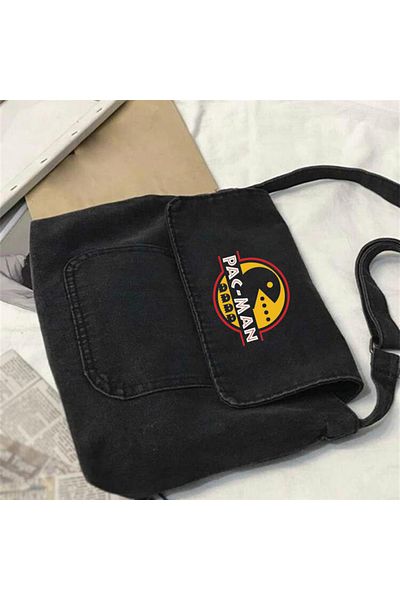 Touz Geantă Messenger unisex cu imprimeu Pac-Man, vintage, gri din denim