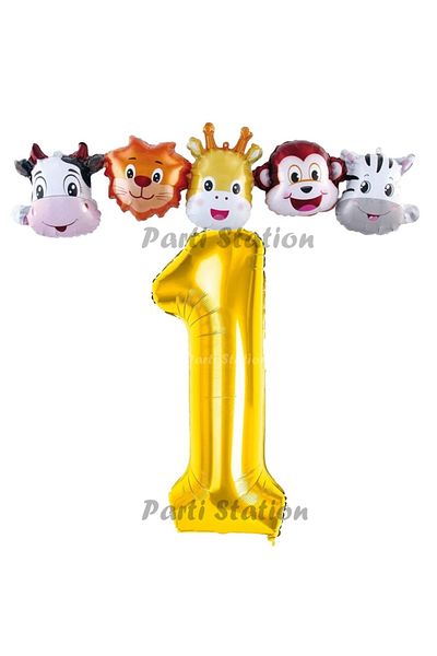 Parti Station Golden Color Number Balloon Safari 1st Year Birthday Party Balloon Set Safari Animals Theme Party