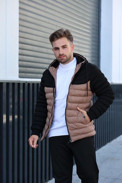OHEPMODA Двуцветно мъжко велурено палто с качулка и косъм отвътре