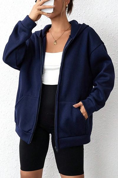 Machetta Unisex Navy Blue Unprinted 3 κλωστών Oversize Fleece Jacket - Ζακέτα