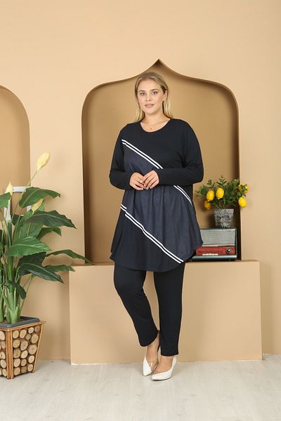 xlargebutik ملابس نسائية بمقاسات كبيرة، بدلة كاملة بأضلاع متقاطعة مرنة ومفصلة، أزرق داكن