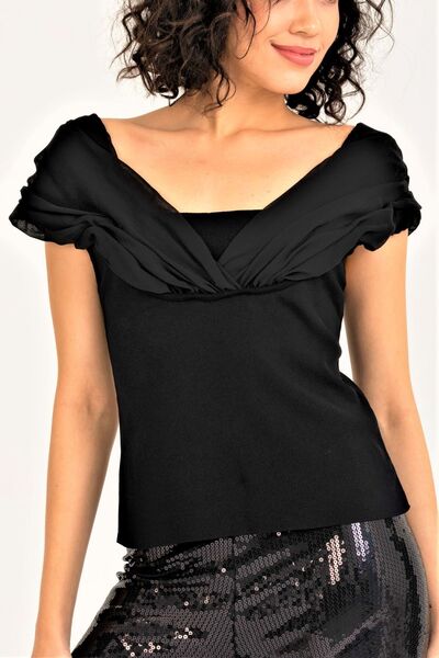 trikobis Chiffon Garnished Drape Detailed Special Design Knitwear Blouse
