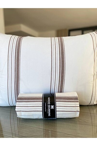 Good Morning طقم ملاءة مطاطية مخططة باللون القهوة مع غطاء وسادة قطني مفرد ومزدوج بحجم كينغ