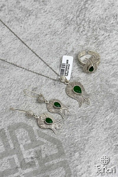 telkari sarayı Kök Zümrüt Taşlı Midyat Oksitli Telkari Gümüş Üçlü Set