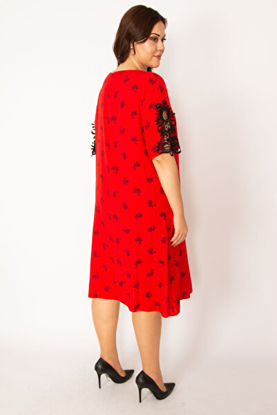 Şans Women's Large Size Red Woven Viscose Fabric V-Neck Lace Detailed Dress 65n33533