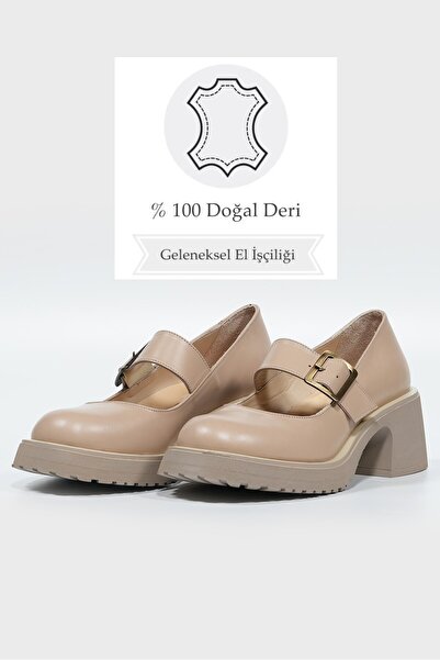 TUNAELLİ WOMEN BEIGE GENUINE NATURAL LEATHER BUCKLE STRAP SHOES