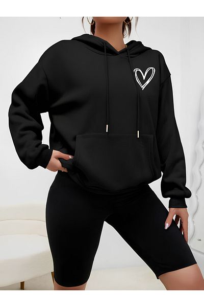 Jooy Company Hanorac negru cu glugă cu design inimă pentru femei