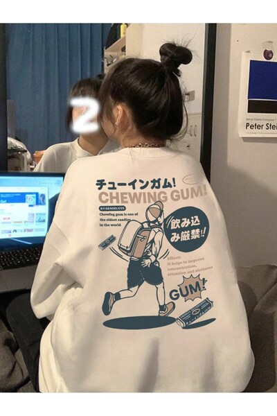 Adrift Слоган и карикатура Графична блуза с падащи рамене Beyaz