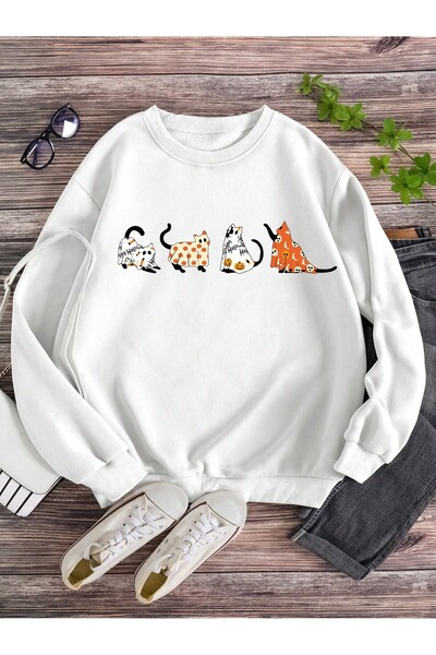 Adrift Φούτερ LUNE Cartoon Cat Print με επένδυση Λευκό