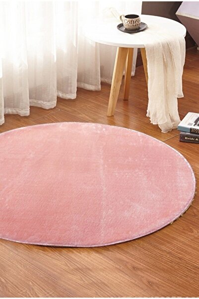 Sarar Yuvarlak Düz Renk Peluş Pofuduk Kaydırmaz Jel Taban Pembe Renk Halı
