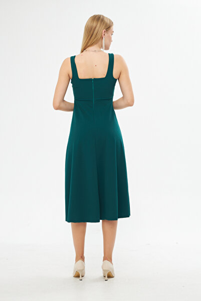 lovebox Flexible Crepe Fabric Thick Strap Square Neck Midi Length Flared Design Emerald Green Evening Dress 086