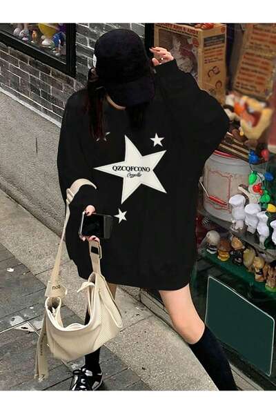 Adrift بلوفر بكتف منسدل بنمط الحروف والنجمة باللون الأسود