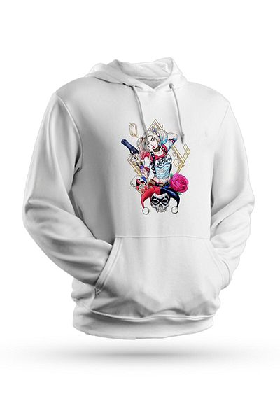 Pisa Art Φούτερ Harley Quin με στάμπα λευκό Unisex με κουκούλα