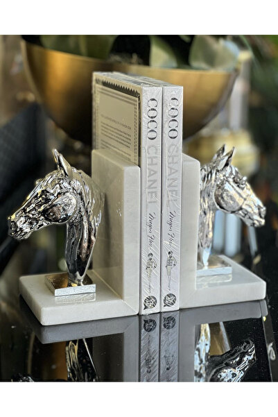 MIARIK DESIGN & DEKORASYON Dekoratif Doğal Beyaz Mermer Kaideli At Kitap Tutucu