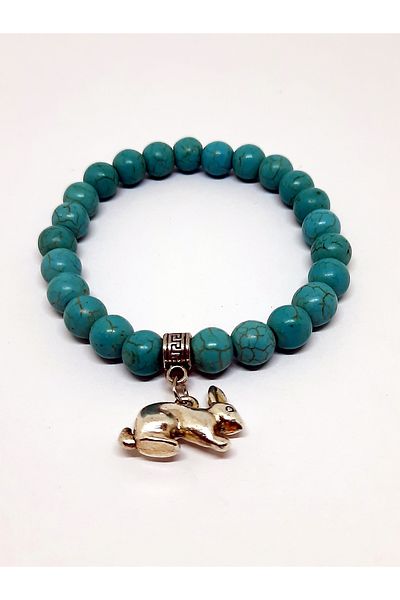 Kusakli Turquoise Women's Natural Stone Design Bracelet with Hanging Rabbit Figure