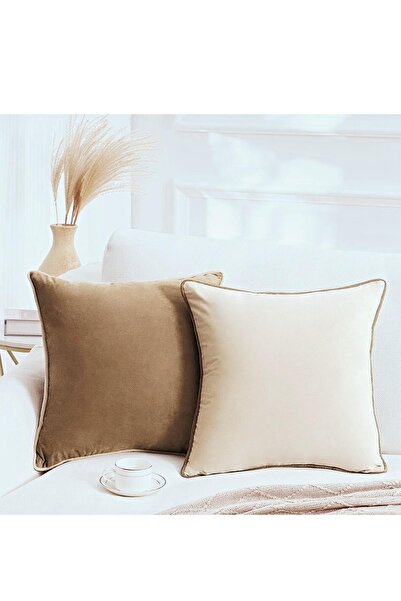 Bc Home 2'li Kenar Biyeli Krem, Deve Tüyü Kırlent Kılıfı Seti, Kadife Görünümlü 2 Adet 43 X 43 Cm