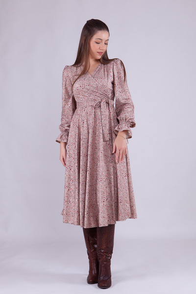 NO48 Bej Çiçek Desenli Midi Boy Kadife Kumaş Uzun Kol Elbise