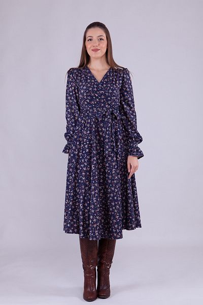NO48 Navy Blue Floral Patterned Midi Length Velvet Fabric Long Sleeve Dress