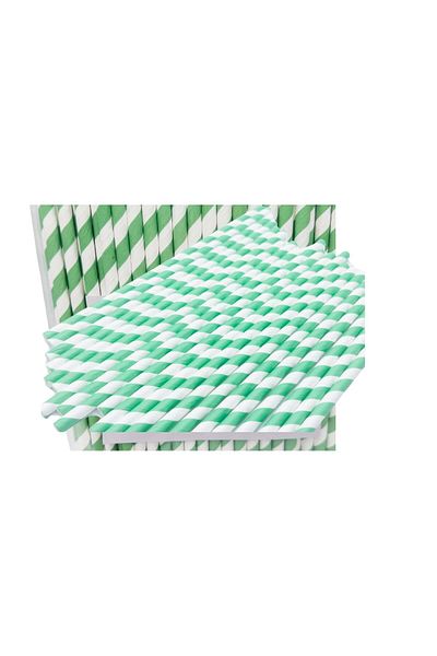 Pars Paper Straws Green White 100 Pieces 6 Mm*20 Cm- Nature Friendly Recyclable Paper Straws