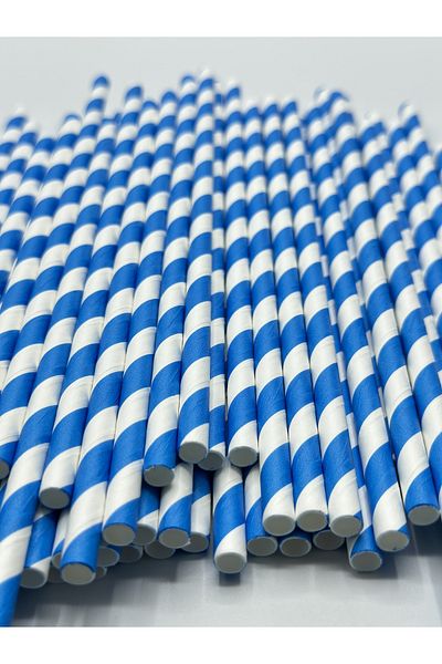 Pars Paper Straws Blue White 100 Pieces 6 Mm *20 Cm- Nature Friendly Paper Straws-frozen Thick Straws