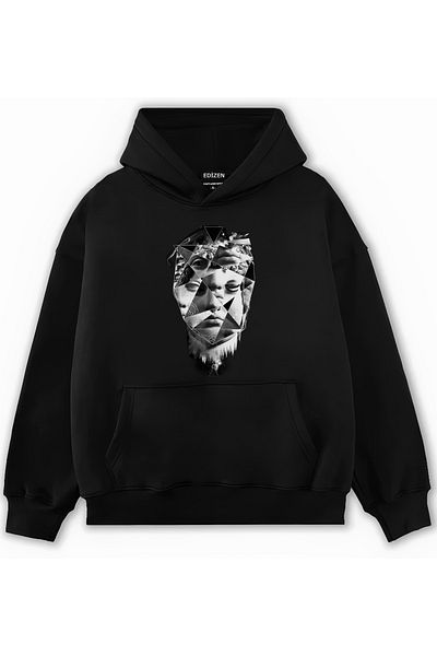 Edizen Φούτερ Geometry Oversize Premium 100% βαμβακερό μαύρο με κουκούλα
