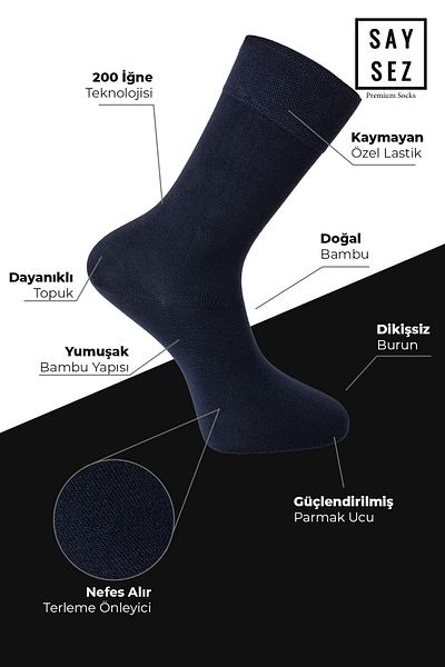 SAYSEZ Ανδρικές κάλτσες Bamboo Socket Long Plain Assortment Seamless Premium Boxed 6-Pece (2 Μαύρα - 2 Μπλε Navy - 2 Καπνιστές)