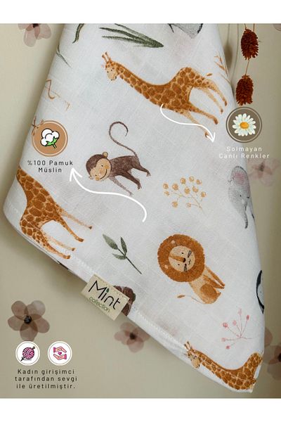 MİNT COLLECTİON Single Layer Muslin Baby Blanket Animal Kingdom
