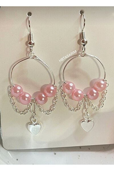 hbtasarim Vintage incili pembe zincir küpe w