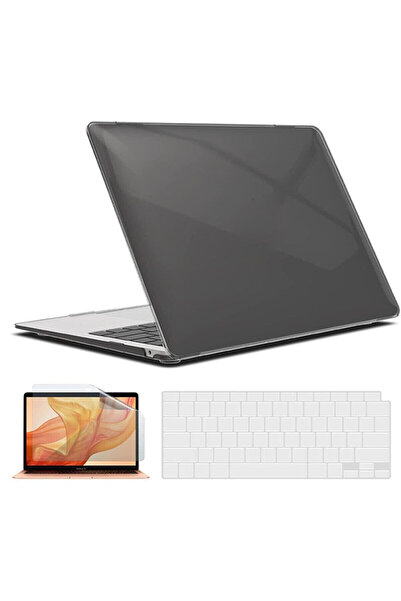TEKNETSTORE Macbook Air 13 Inç M1 Çip A2337 Tam Uyumlu Alt Üst Kılıf + Klavye Kılıfı + Ekran Koruyucu Film Siyah