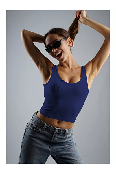MİSTİRİK Marsala Модель Стягуючий байкерський кроп-топ з трикотажу та безшовний модель синього кольору