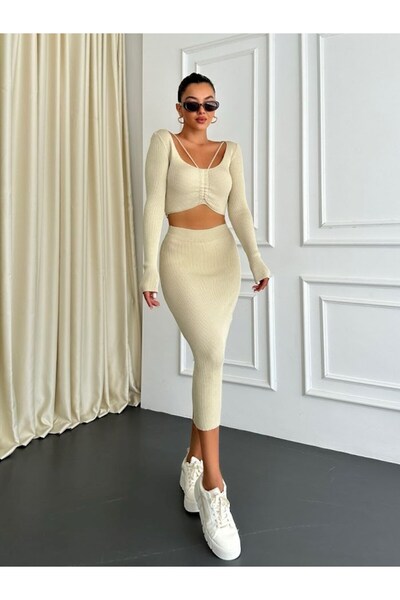 Masalsı Concept Standard Size Knitwear Top and Bottom Skirt Crop Set