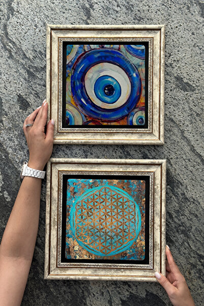 Oscar Stone Decor Eskitme Çerçeveli Taş Duvar Dekoru 30x30cm 2'li Set (1104-4...