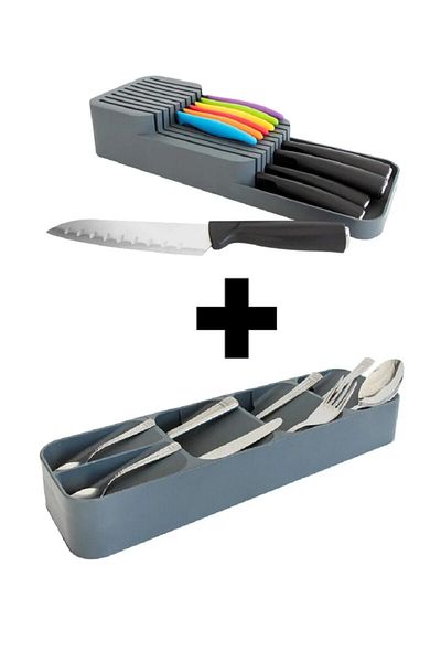 devigo Gray 2-Row Knife Holder and 5-Compartment Drawer Spoon Holder 2-Piece Organizer Set