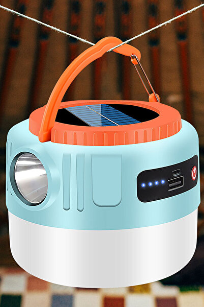 TechnoStation Kamp Lambası Ledli El Feneri Işıldak Güneş Enerjili Şarjlı Pilli Portatif Gece Lambası PowerBank