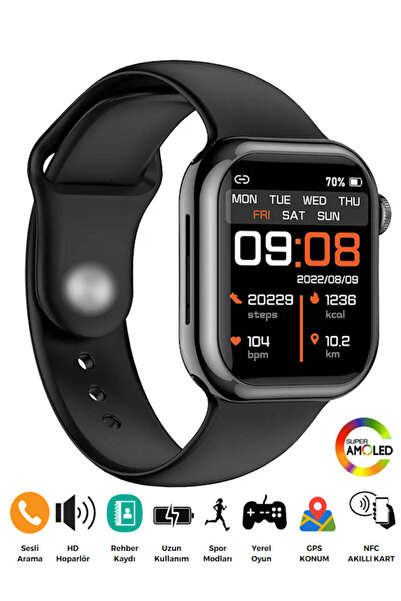 SONREİR Watch 8 45mm Spor 2 Kordonlu Siyah-Beyaz Amoled Ekran Akıllı Saat İphone Huawei Xiaomi Uyumlu 7-9