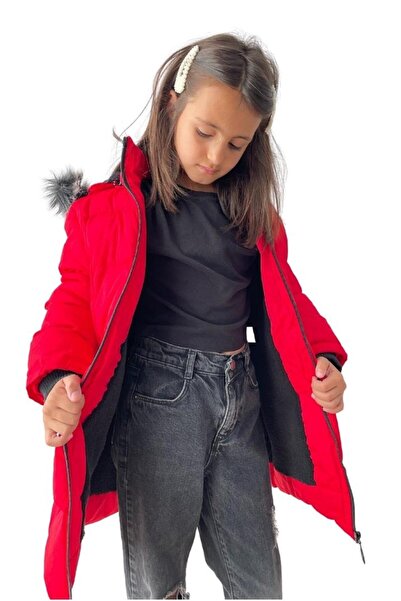FineKids Plush Lined Red Girl's Coat with Detachable Hood and Pockets