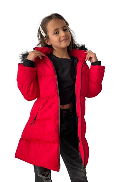 FineKids Plush Lined Red Girl's Coat with Detachable Hood and Pockets