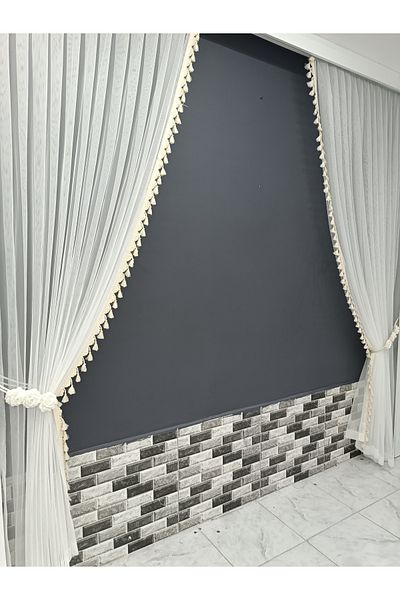 Art Perde 2 Wings Background Curtain Cream Tasseled Floral 2 Wings Tulle Background Curtain