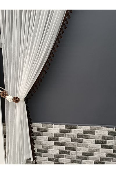 Art Perde 2 Wings Background Curtain Dark Brown Tasseled Floral 2 Wings Tulle Background Curtain