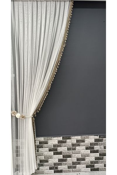 Art Perde 2 Wings Background Curtain Mink Tasseled Floral 2 Wings Tulle Background Curtain