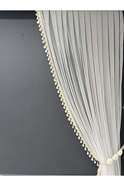 Art Perde Κουρτίνα φόντου 2 πτερυγίων Κρέμα με φούντες Floral Κουρτίνα φόντου από τούλι 2 πτερυγίων