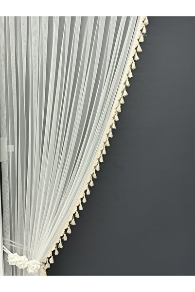 Art Perde Κουρτίνα φόντου 2 πτερυγίων Κρέμα με φούντες Floral Κουρτίνα φόντου από τούλι 2 πτερυγίων