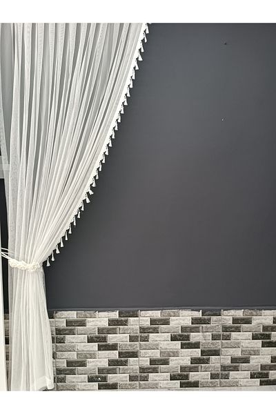 Art Perde 2 Wings Background Curtain White Tufted Floral 2 Wings Tulle Background Curtain