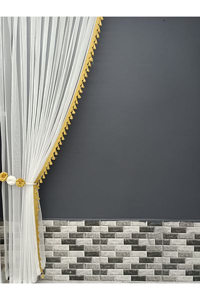 Art Perde 2 Wing Background Curtain Yellow Tasseled Floral 2 Wing Tulle Background Curtain
