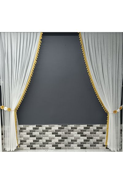 Art Perde 2 Wing Background Curtain Yellow Tasseled Floral 2 Wing Tulle Background Curtain