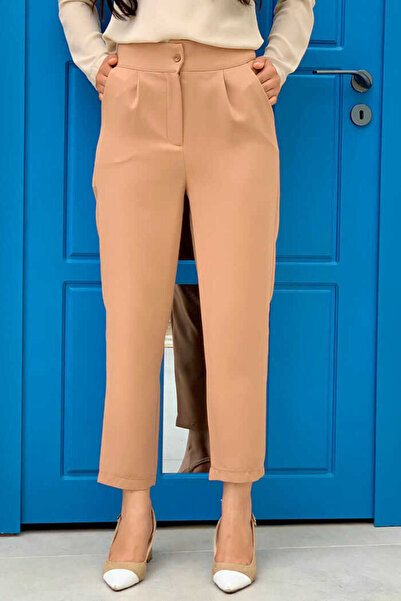 Bym Fashion Large Size Zippered Pocket Detailed Pencil Pants 0201-1 Tan