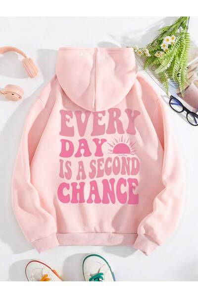 Adrift Σλόγκαν Γραφικό Kangaroo Pocket Drawstring Hoodie Pink