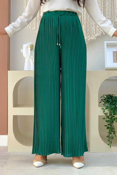 Bym Fashion Παντελόνι με ελαστική μέση με δαντέλα 0129 Emerald