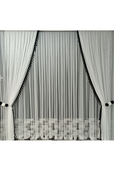 Art Perde Tulle Curtain and Background Curtain Tasseled Background Curtain Set