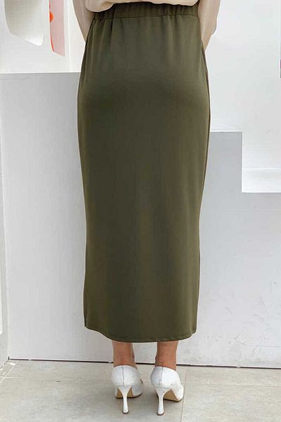 Bym Fashion Μεγάλο μέγεθος Lycra Pencil Φούστα με λάστιχο μέσης 1074-1 Χακί